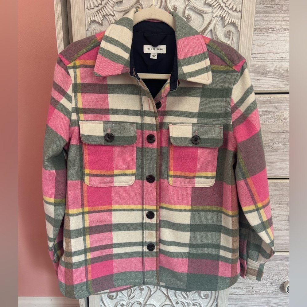 pink plaid  pastel cabincore rustic chic oversized wool blend shirt jacket SM